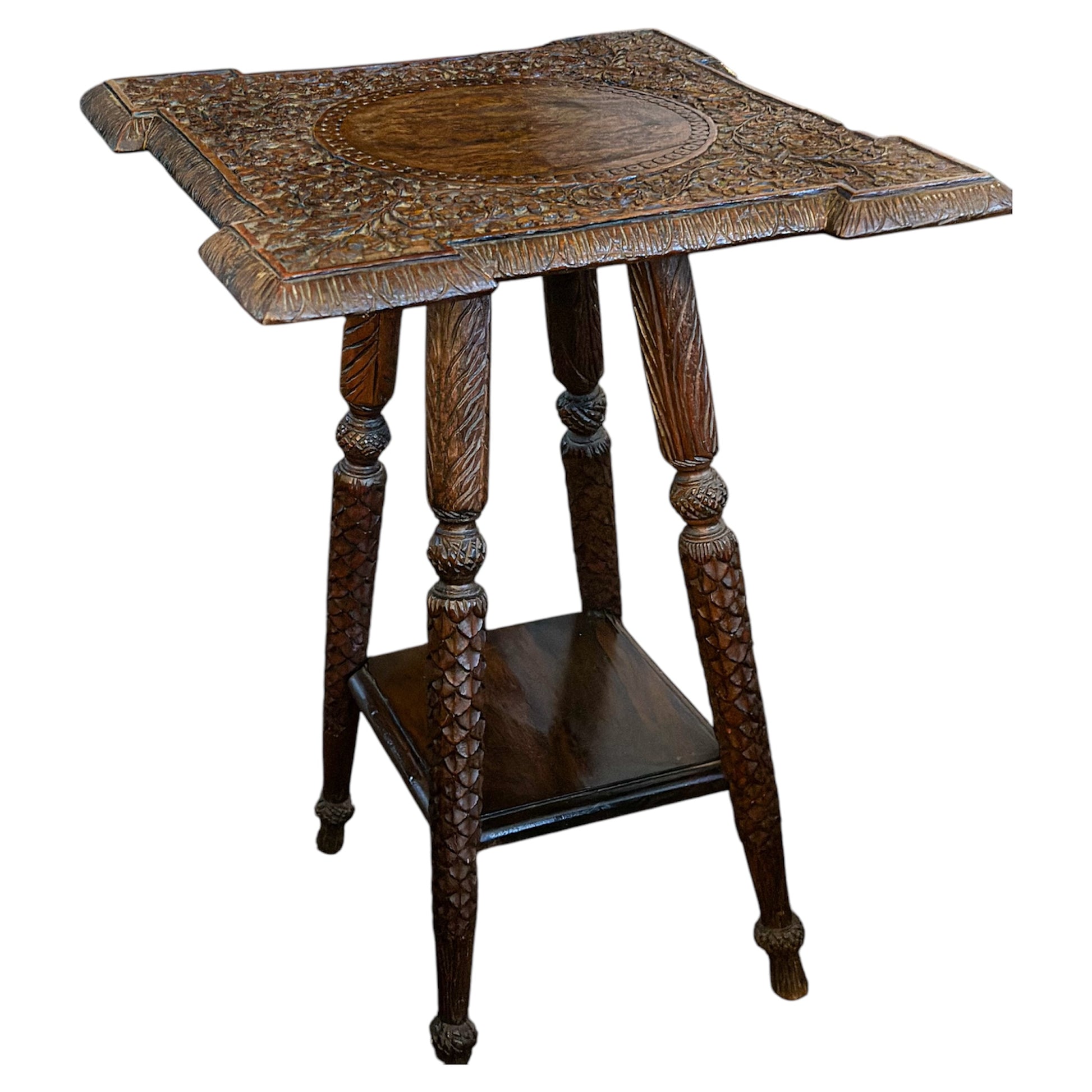 Anglo-Indian carved wooden table top with intricate floral design